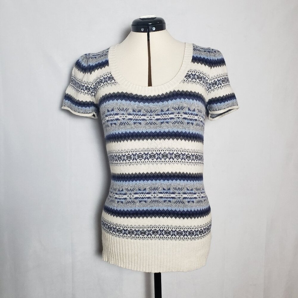 Aphorism Fair Isle Pattern Short Sleeve Scoop Neck Sweater Angora Blend Ladies L